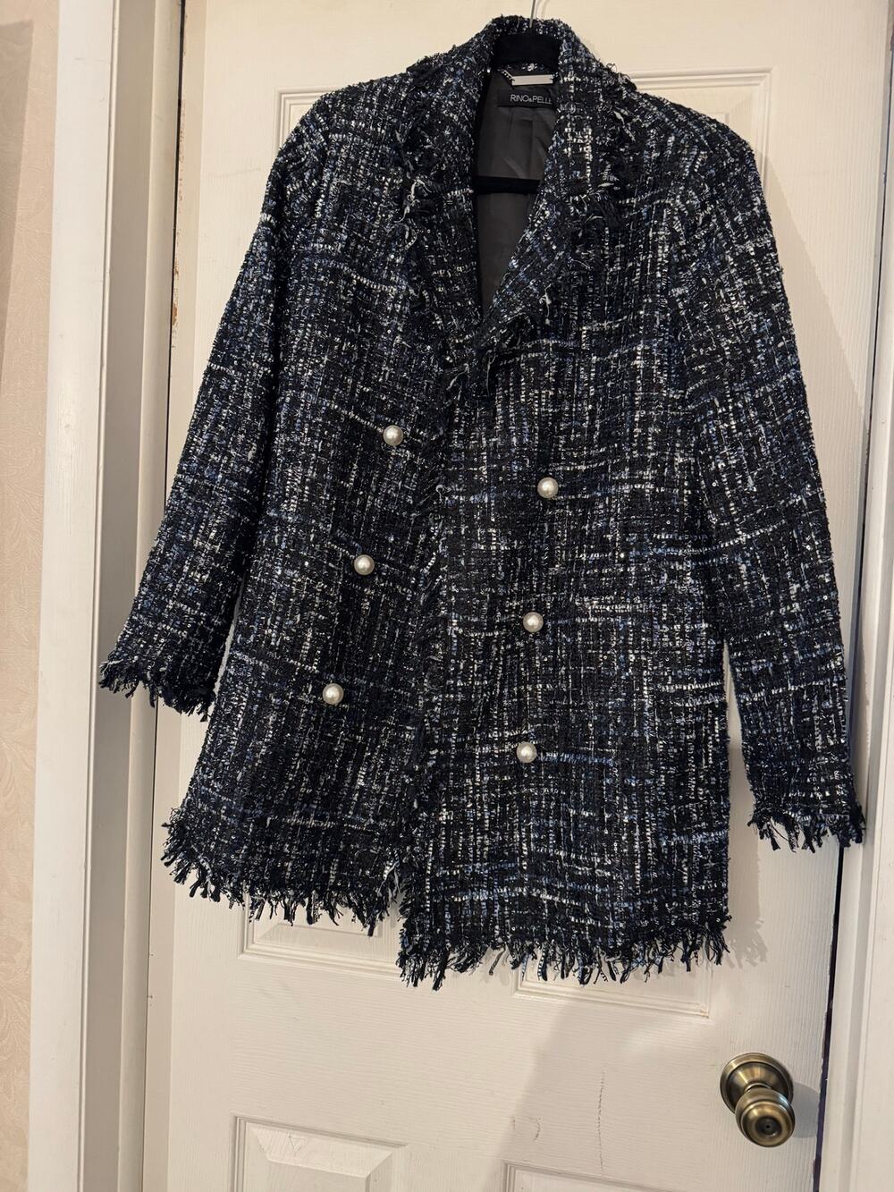 Rino & Pelle Navy Black Tweed Raw Fringe Pearl Button Blazer Coat EU 40 / US 8